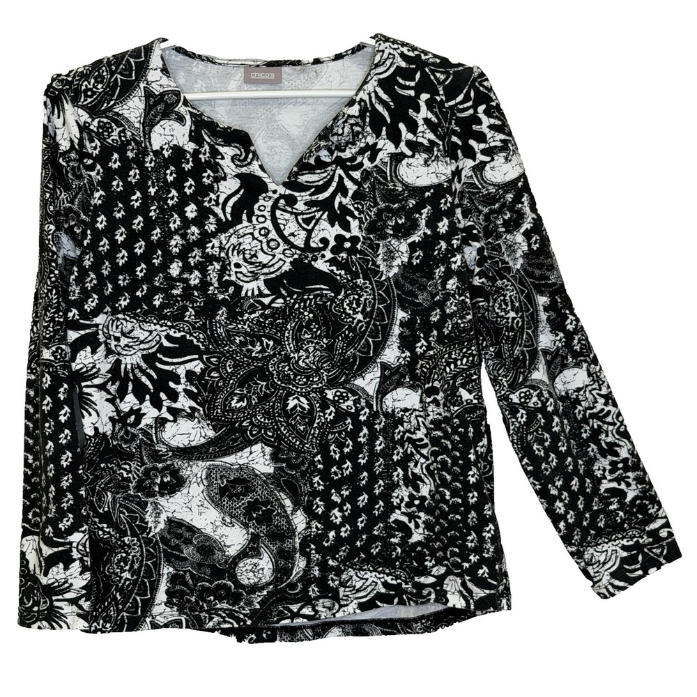 Chico's Top Size 2 Large Black White Paisley Print Long Sleeve Cotton V-Neck